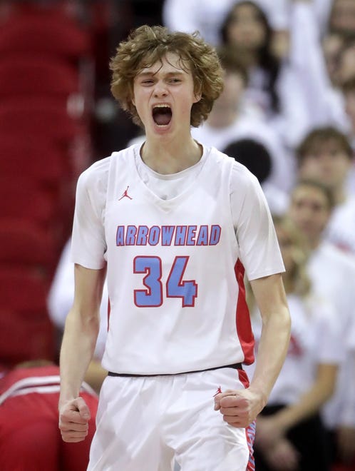 Arrowhead High School's AJ Ohrmundt (34) reacts as the final seconds tick off the clock against Neenah High School in a Division 1 semifinal game during the WIAA state boys basketball tournament on Friday, March 15, 2024 at the Kohl Center in Madison, Wis. Arrowhead defeated Neenah for 99-95 in four overtimes.
Wm. Glasheen USA TODAY NETWORK-Wisconsin